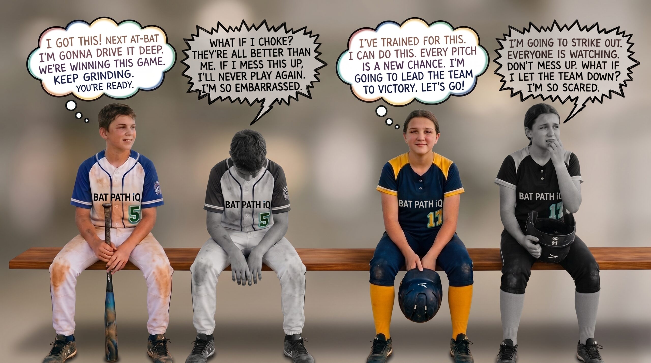 Four young ballplayers on a bench — confident ones in color, anxious ones in grayscale — each with a thought bubble showing their self-talk before batting.